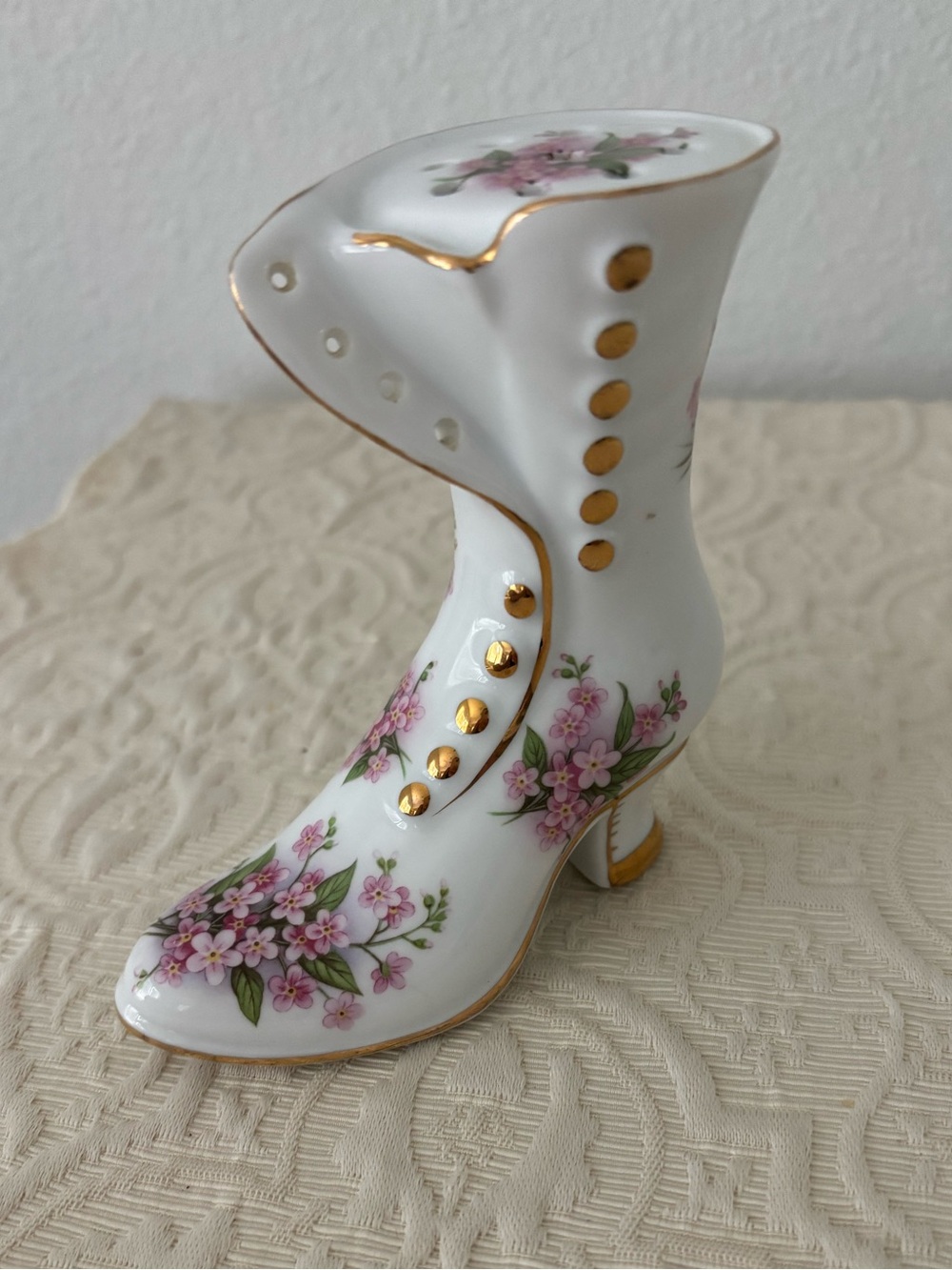 Vintage Victorian Pink Floral Porcelain Boot Shoe Hairpin Toothpick Holder 4.5”